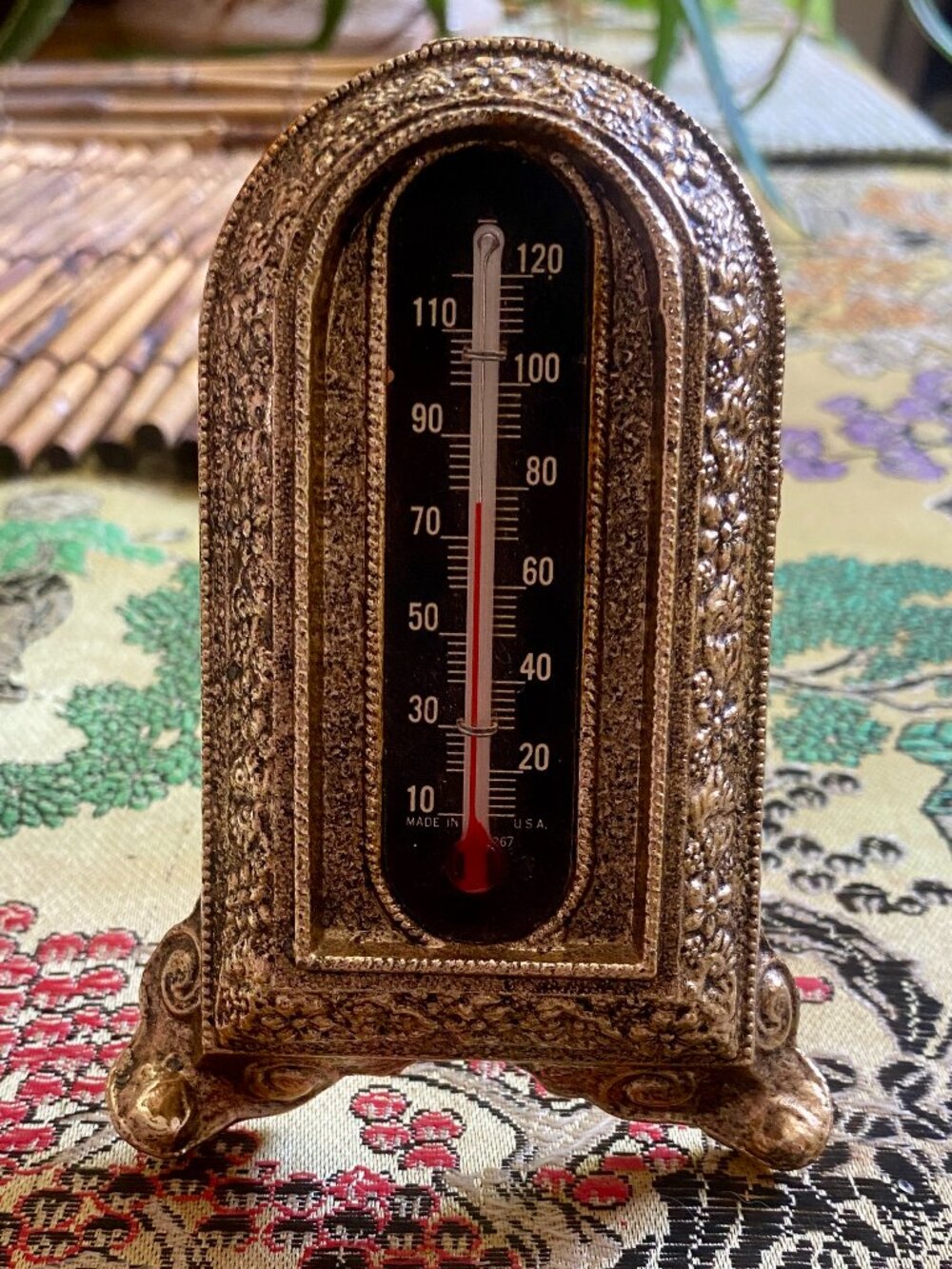 Vintage "A Gold Tone Product" Ornate Gold-Tone Tabletop Thermometer